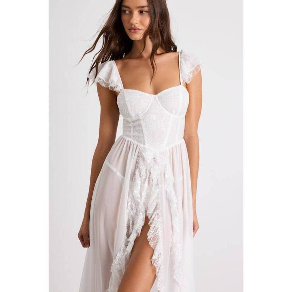 Lulus Smitten Ivory Lace Bustier Lingerie Slip White - Size M